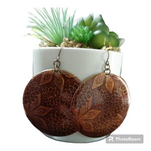 Bronze Circular Disc Floral Design Boho Earrings